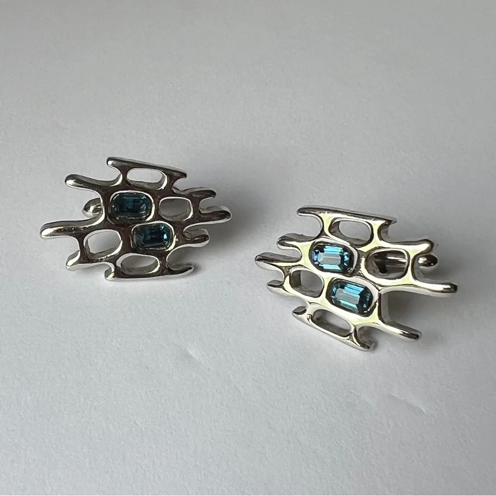 Vintage Mid-Century Modern MCM Atomic Cufflinks Silver Blue Accents Unusual